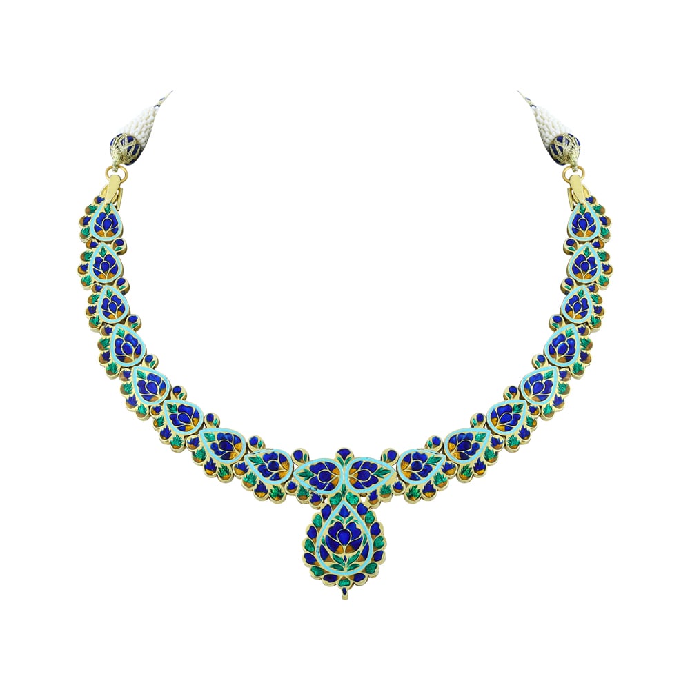 Polki Necklace with Blue Enamel Border